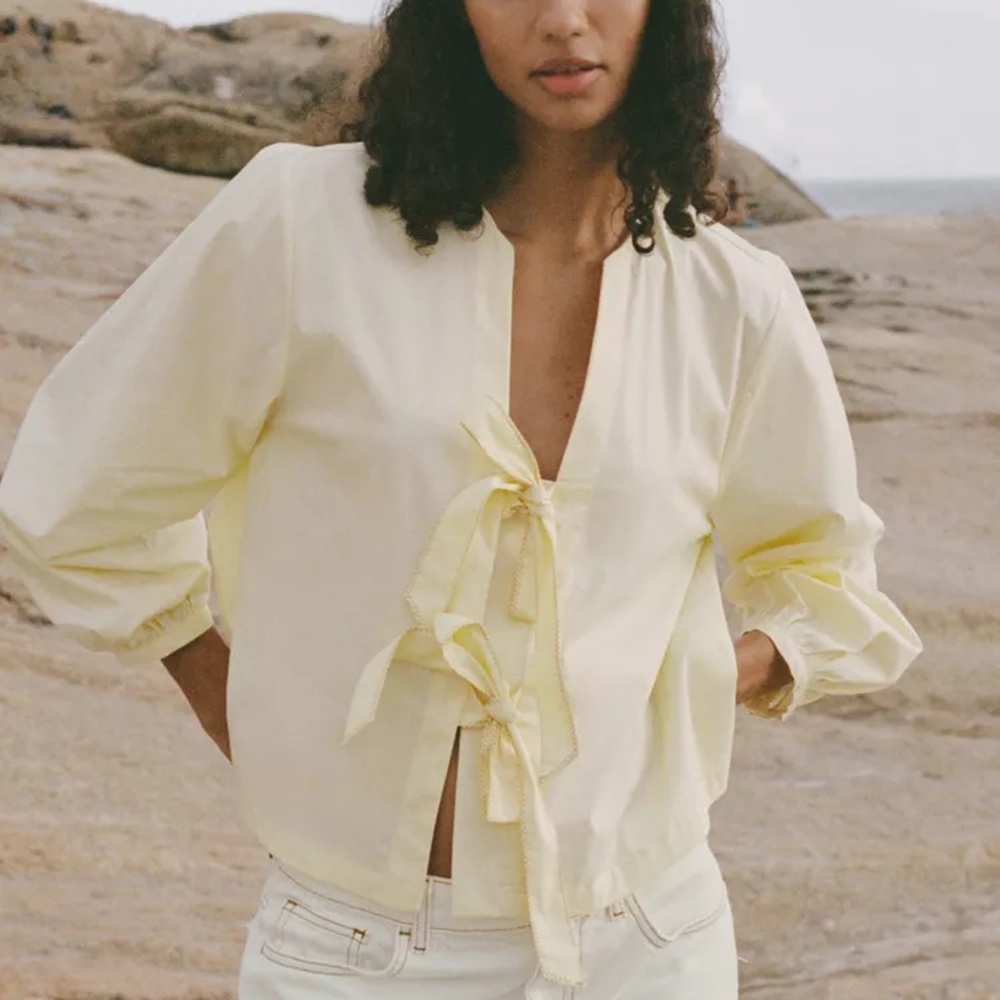 Zara Light Yellow Blouse with Bow Accents